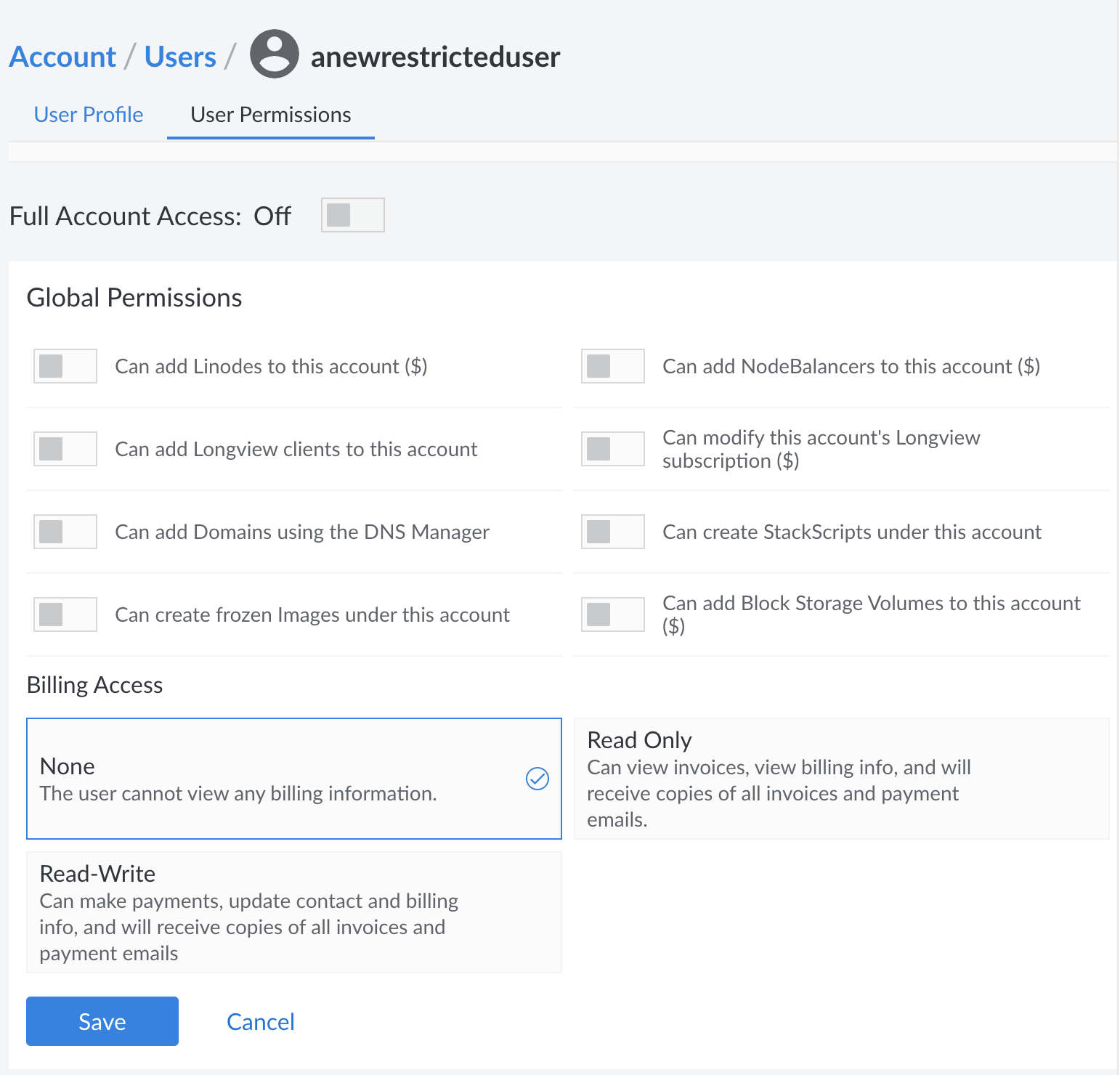 Configure User permissions in the Linode Cloud Manager.