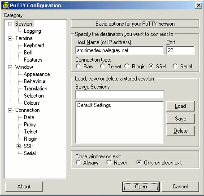 The session login screen in PuTTY on Windows.