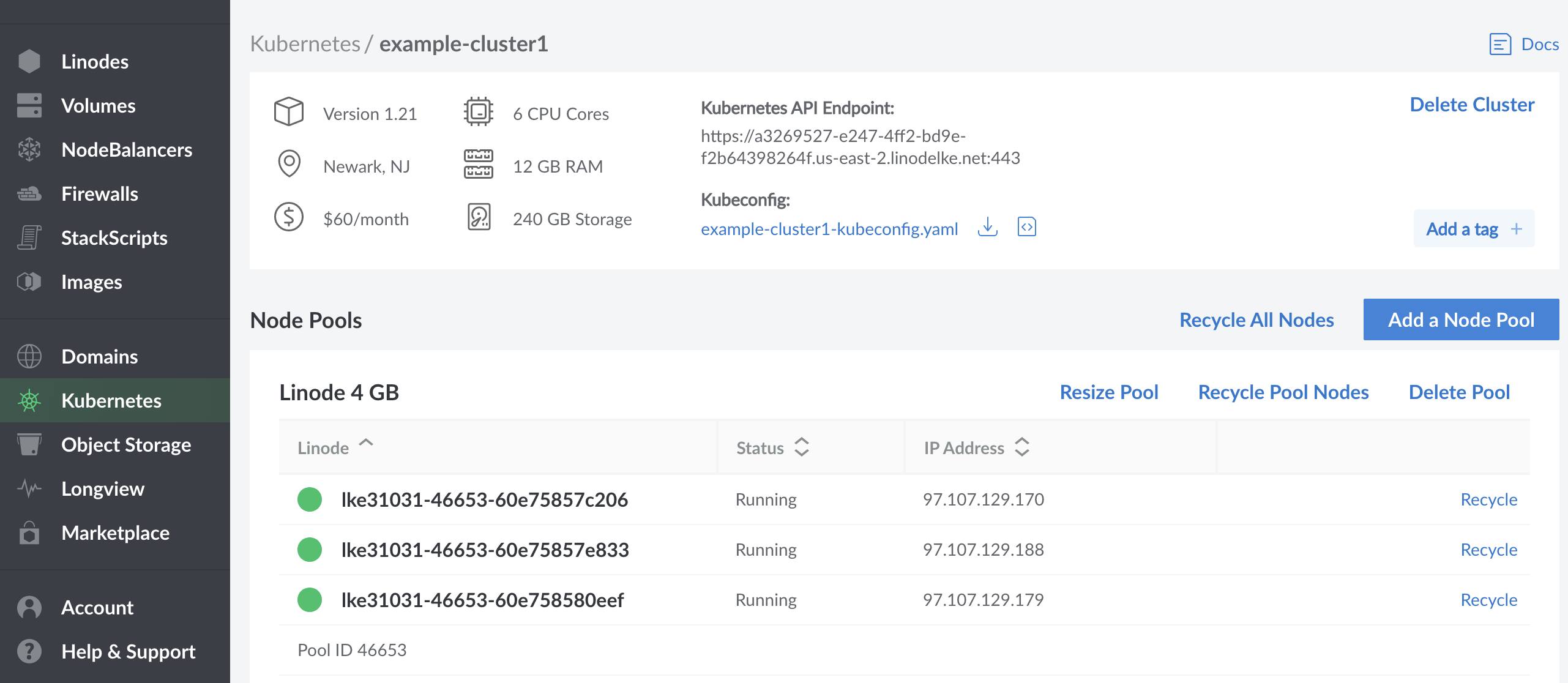 Kubernetes cluster&rsquo;s details page