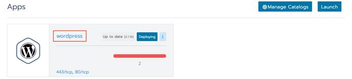 Rancher deployed apps list - WordPress app in middle of provisioning