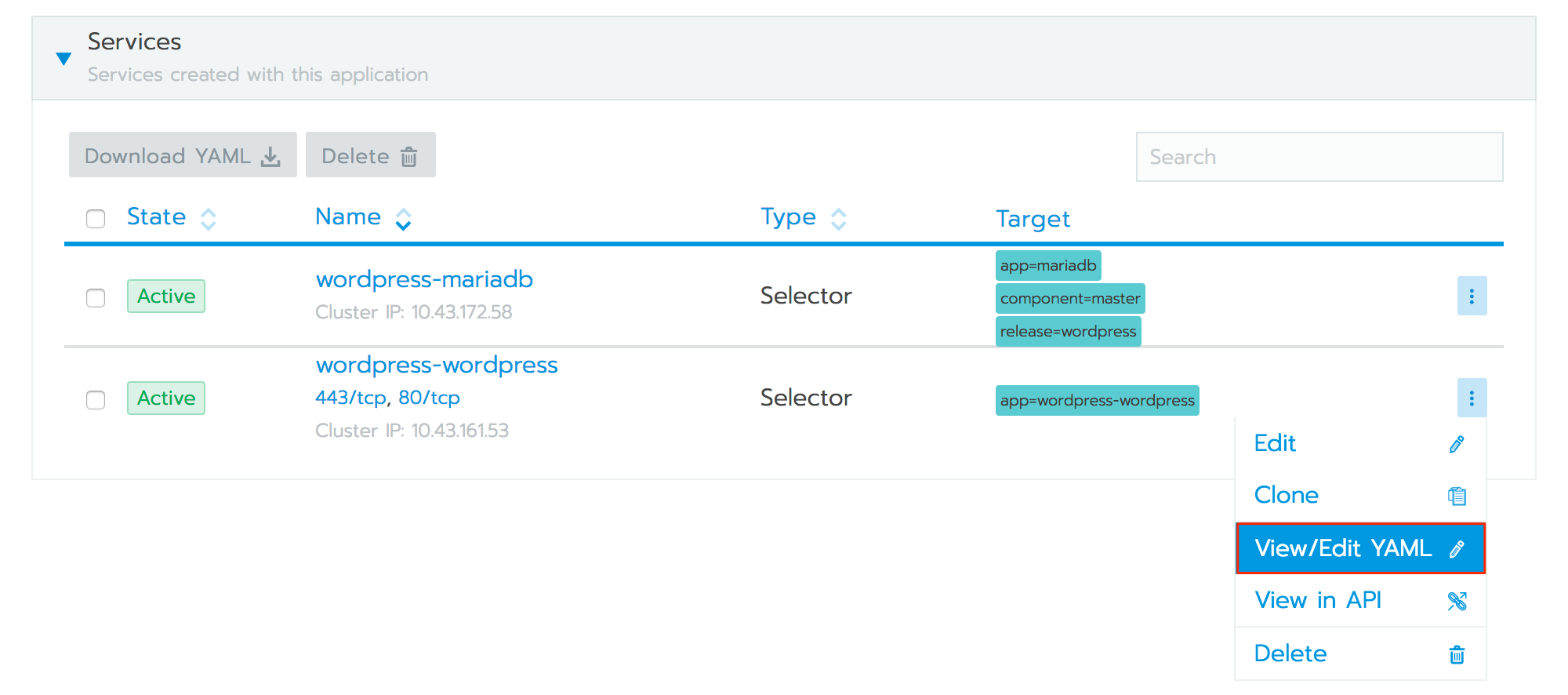 Rancher Services section - View/Edit YAML option highlighted