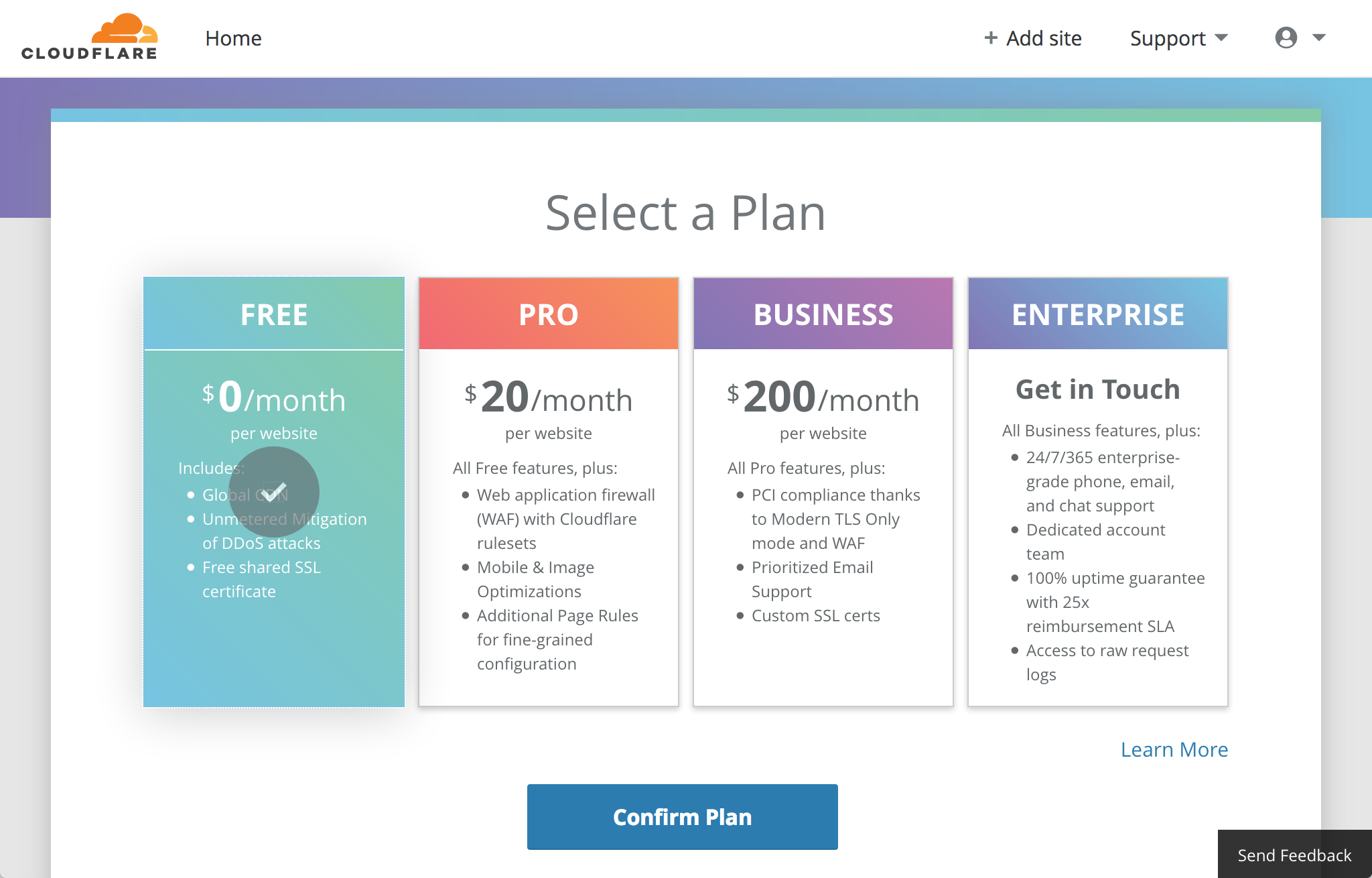 Cloudflare setup - select plan