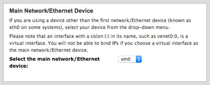 cPanel main network device selection.