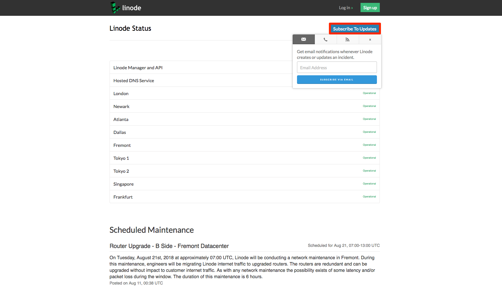 Subscribe to Linode status updates.