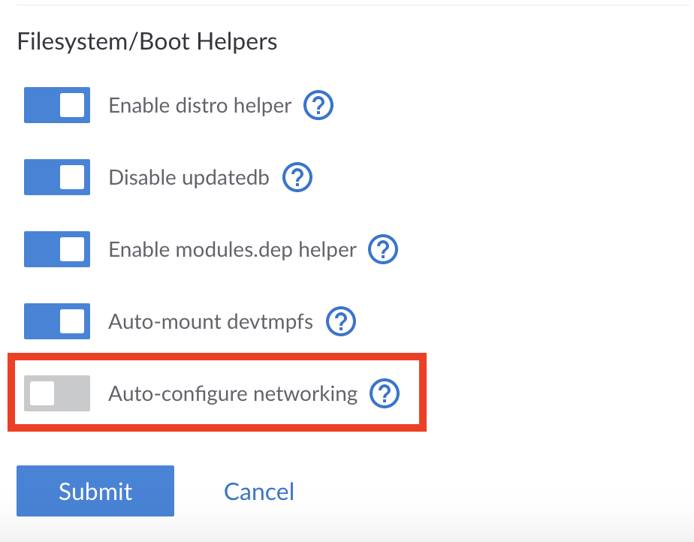 Toggle the &lsquo;auto-configure networking&rsquo; box