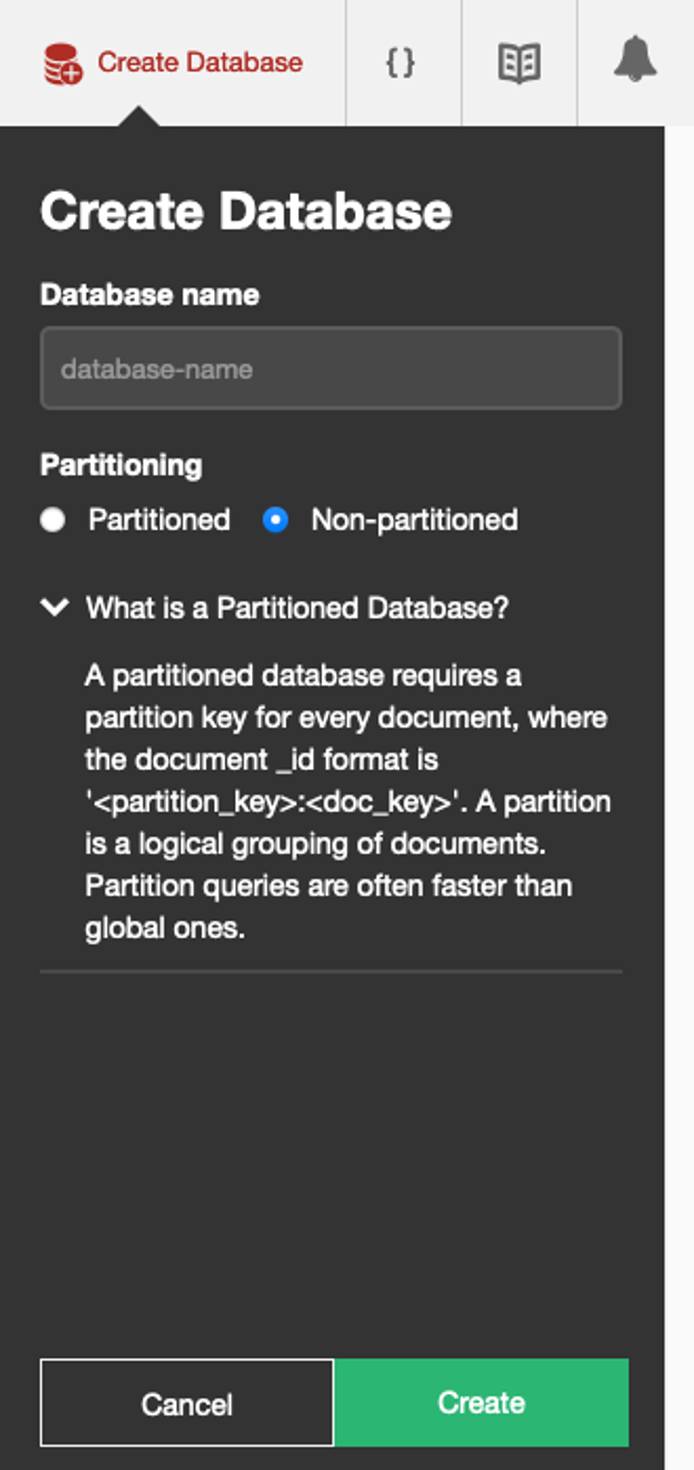 Fauxton menu for creating a database