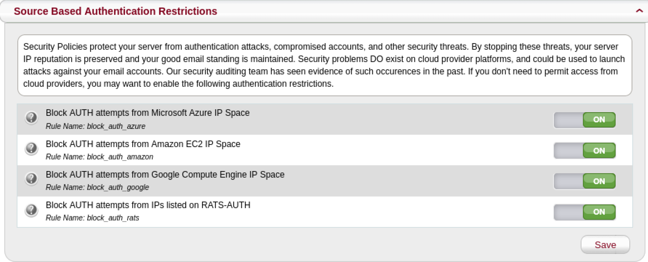 Screenshot of source based authentication restrictions page